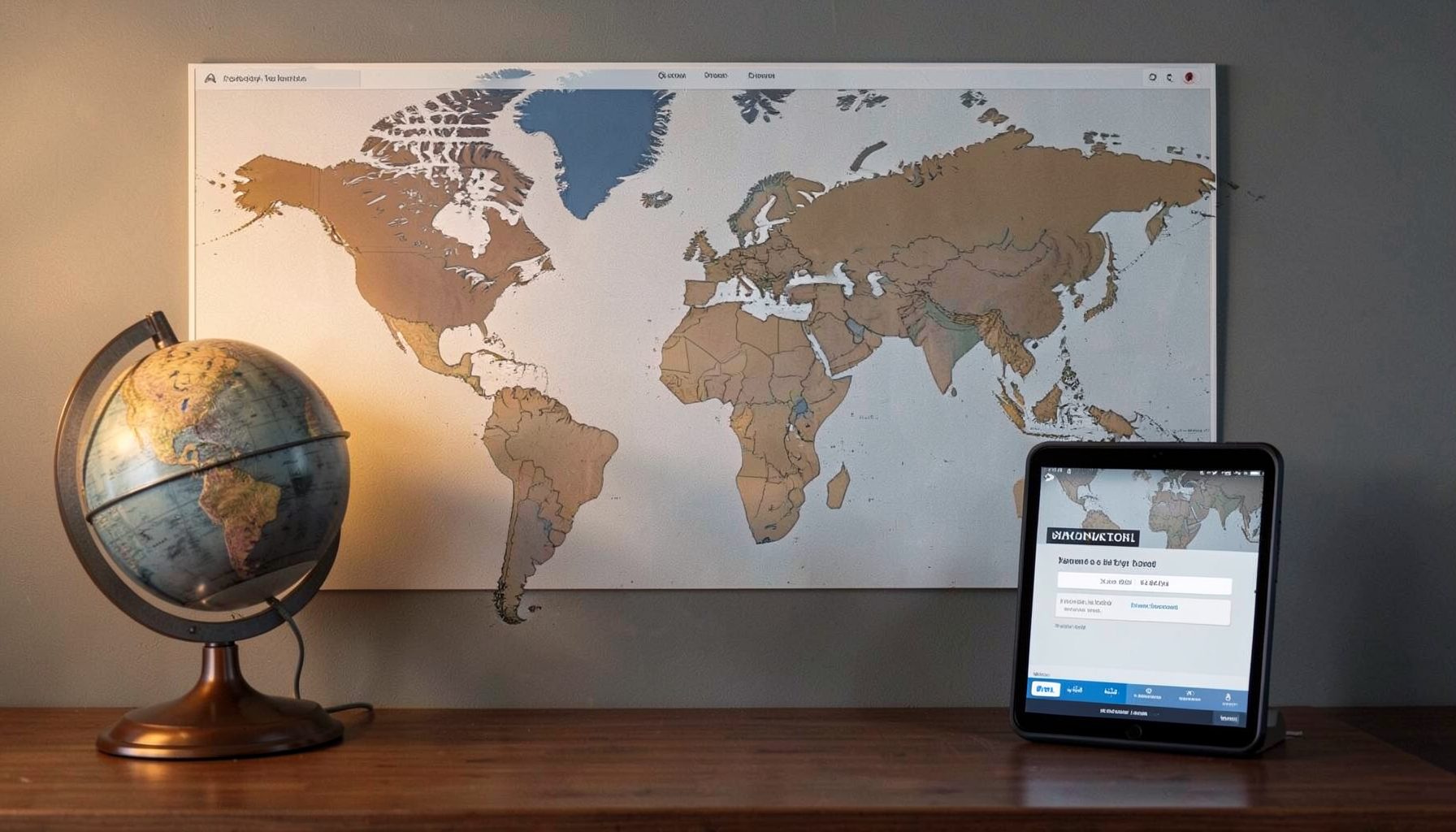 A world map on a muted wall with a desk globe and a tablet displaying payment confirmation, warm amber and slate blue tones.
