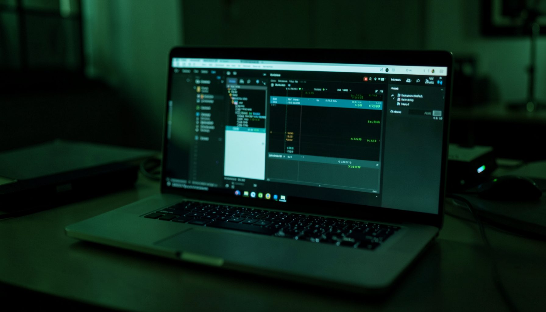 Laptop screen glow in a dim office with dark green and black tones suggesting accounting software use