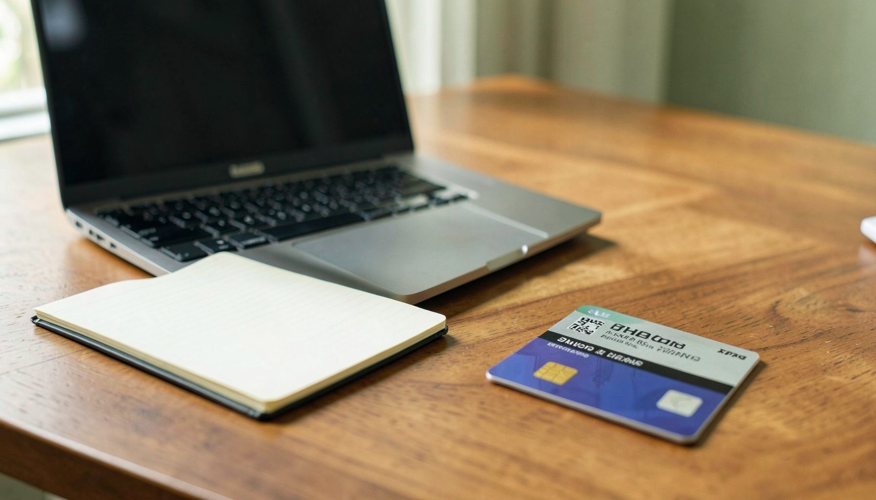 A clean desk scene with a laptop, a notebook, and a prepaid card resting on a warm wooden surface, bathed in soft natural daylight with muted green and beige tones.