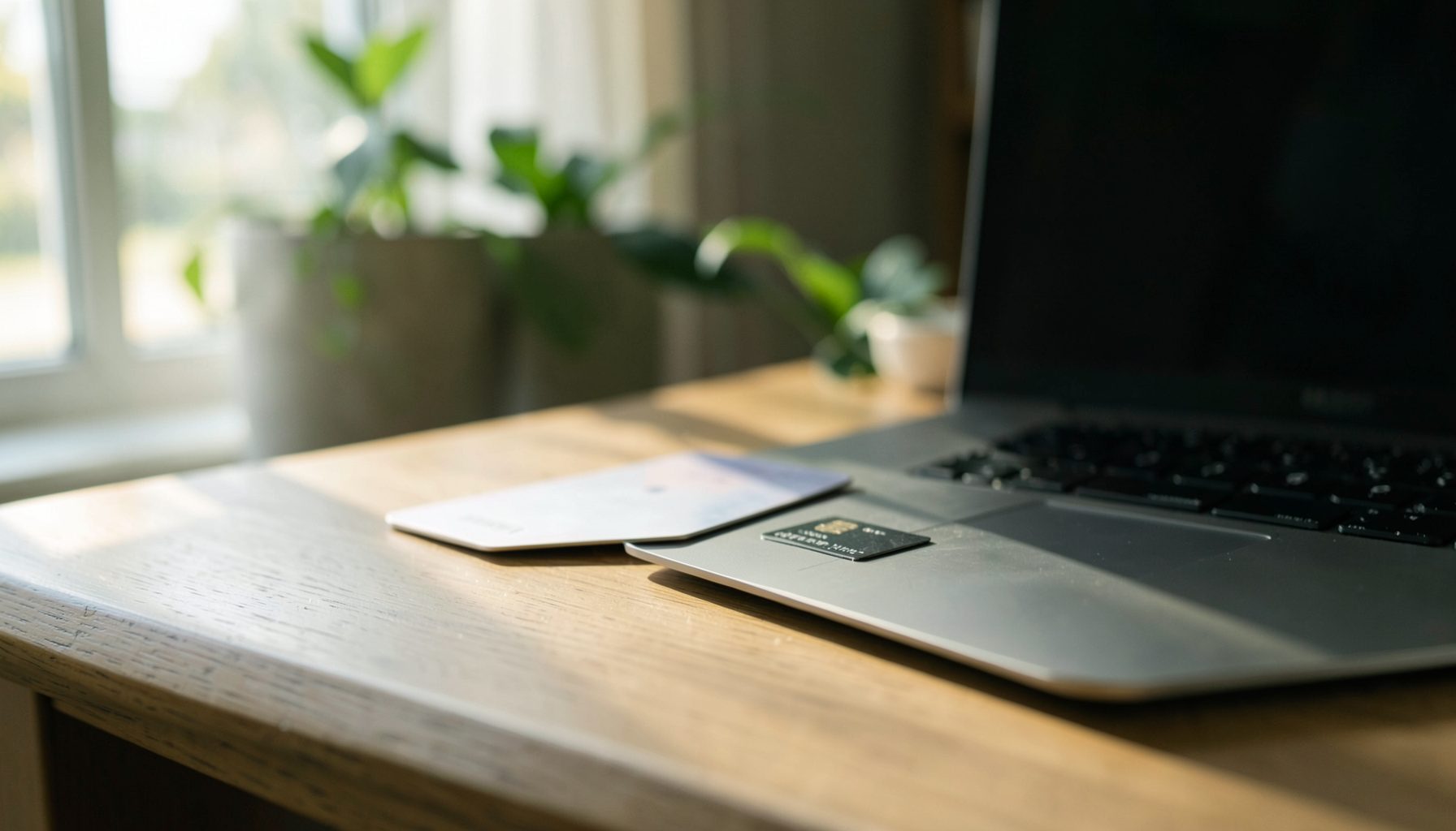 A clean desk scene with a prepaid card resting beside a laptop, warm natural light from a window, deep greens and soft neutrals