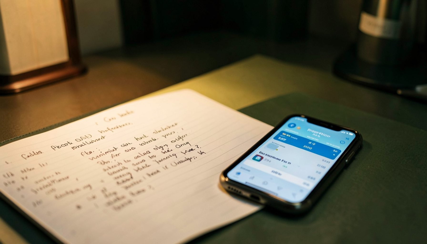 An open notebook with handwritten financial notes next to a smartphone displaying a card balance screen, warm desk lamp glow, dark green and cream accents.