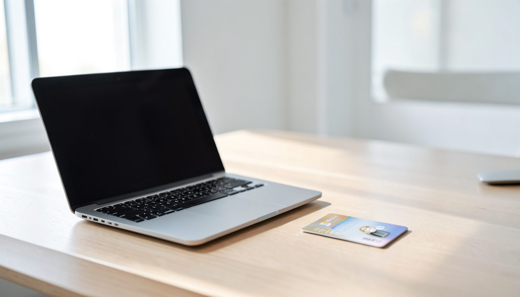 A clean modern office desk with a laptop, a prepaid card resting beside the keyboard, and soft natural light filtering through a window, conveying a professional and efficient financial workspace.