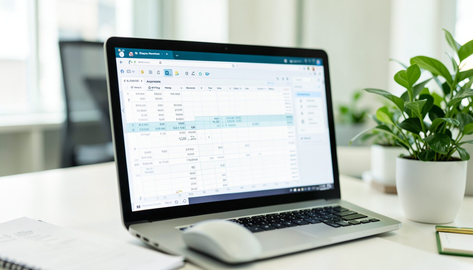 A close-up of accounting software on a screen showing charts and ledger lines, with a green plant on the desk, professional office setting in soft whites and greens.