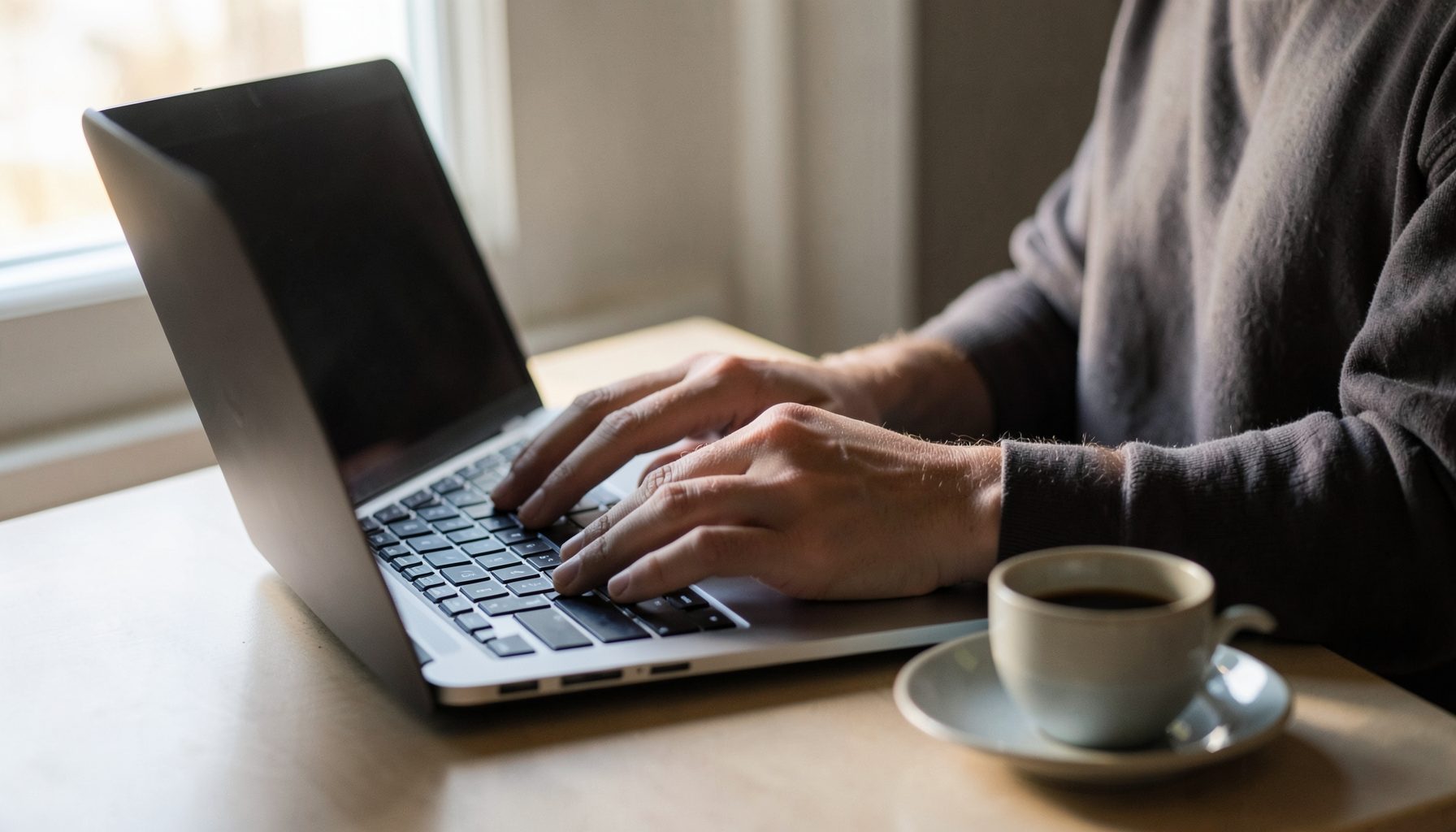 A person's hands typing on a laptop keyboard with a cup of coffee nearby, soft morning light streaming through a window, calm and focused atmosphere in neutral grays and warm browns.
