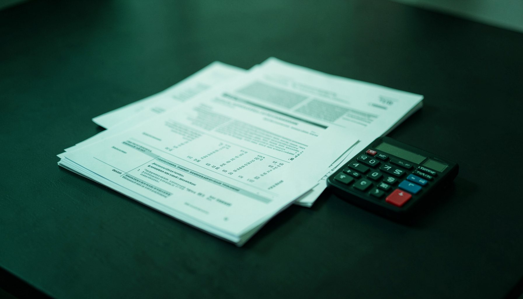 Stack of business documents and a calculator on a charcoal desk under soft green-tinted lighting