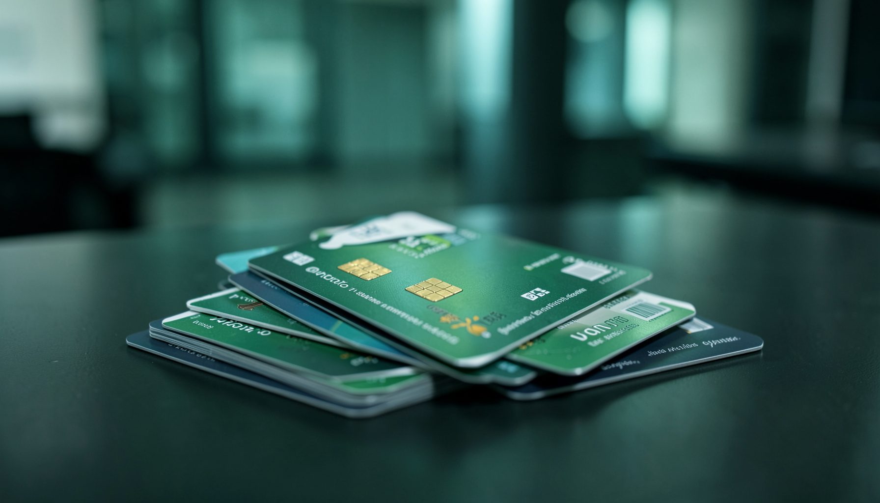 A stack of prepaid cards fanned out on a dark surface, with subtle reflections and a blurred background suggesting a modern office, deep green and charcoal palette.