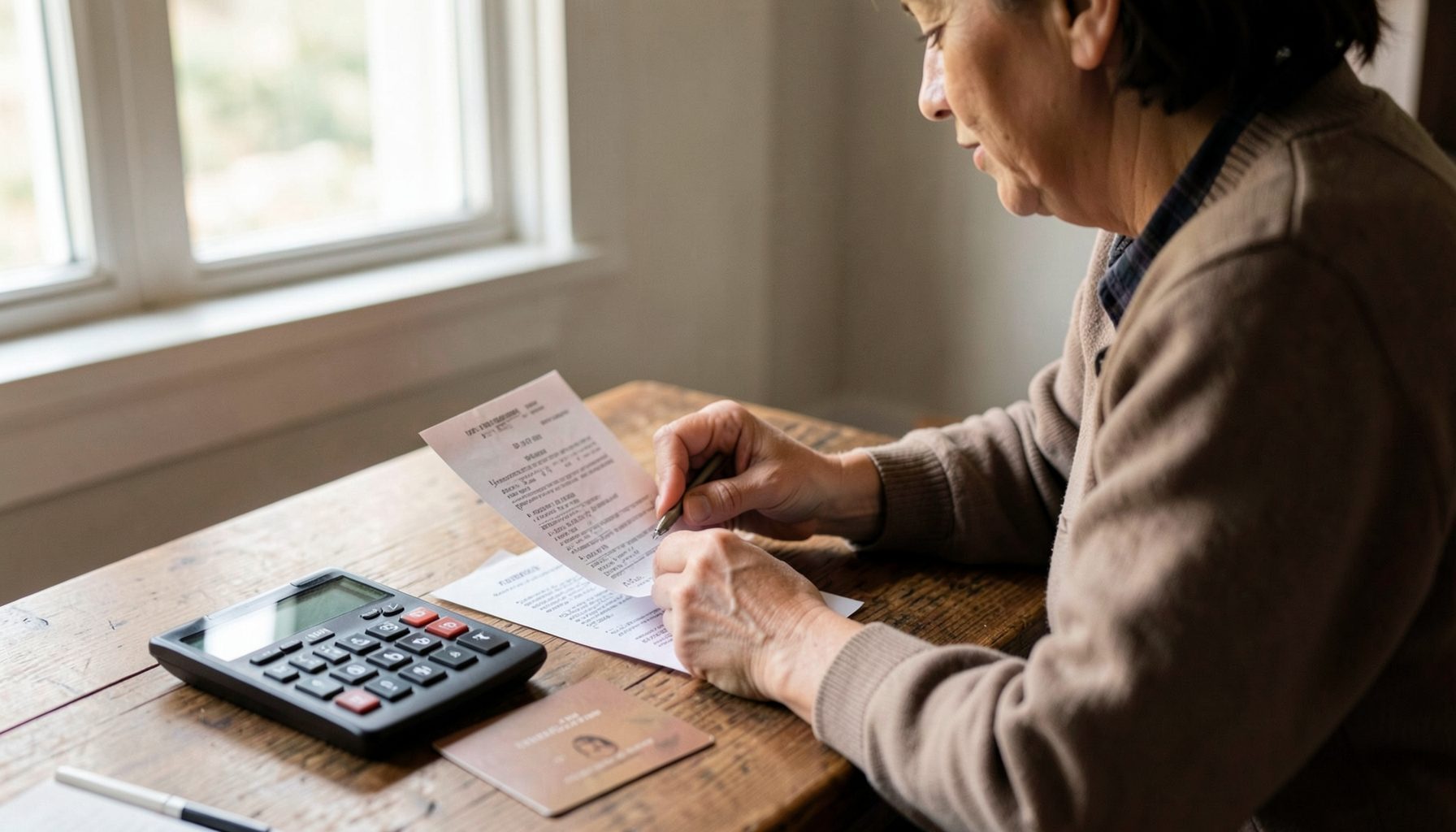 A small business owner reviewing receipts at a wooden table, calculator and card nearby, natural light from a side window, earthy browns and soft whites.