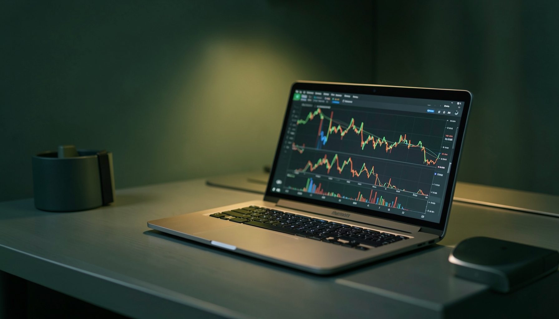 A clean modern desk workspace with a laptop displaying financial charts and graphs, warm ambient lighting, deep green and charcoal tones